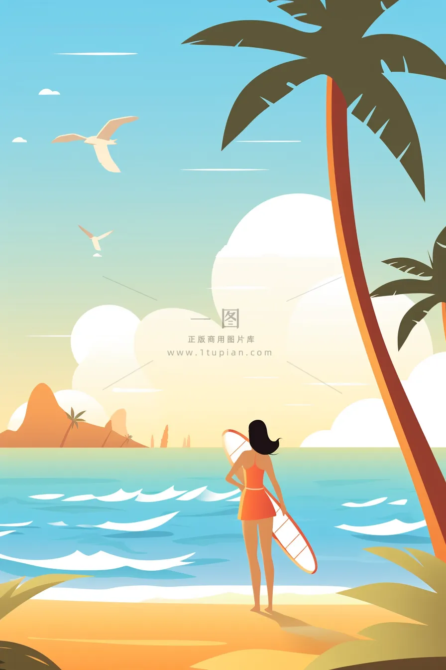 海边的少女沙滩椰树冲浪板海鸥卡通插画素材