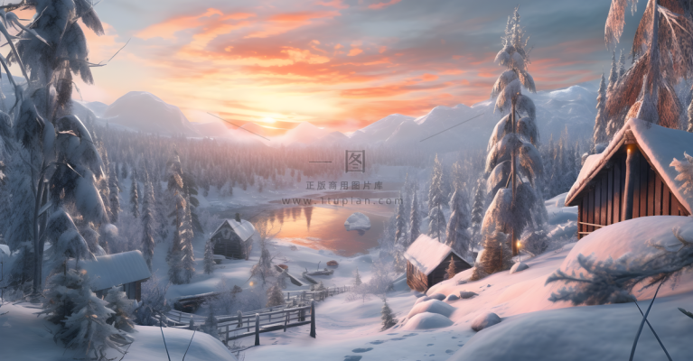 茫茫的雪原宁静安宁清晨日出霞光普照摄影图