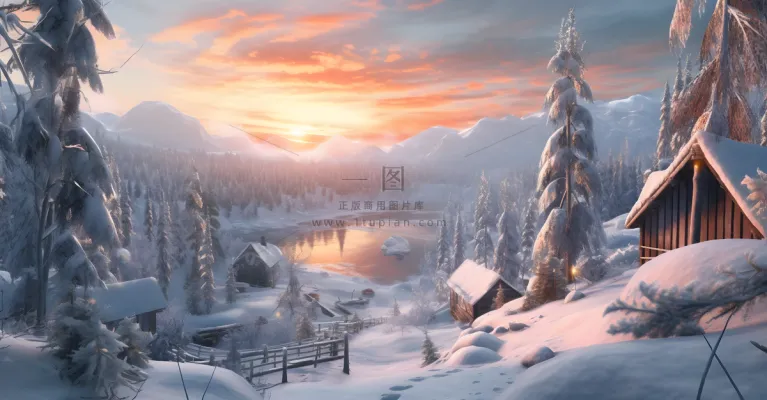 茫茫的雪原宁静安宁清晨日出霞光普照摄影图