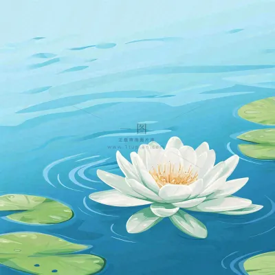 中国风夏日荷塘池白色荷花盛开手绘插画，立夏夏至大暑小暑