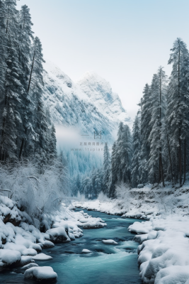 新疆冬季结冰下雪河流风景摄影图