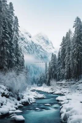 新疆冬季结冰下雪河流风景摄影图