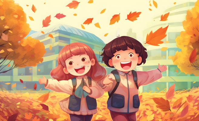 孩子们放学回家落叶欢乐卡通插画背景