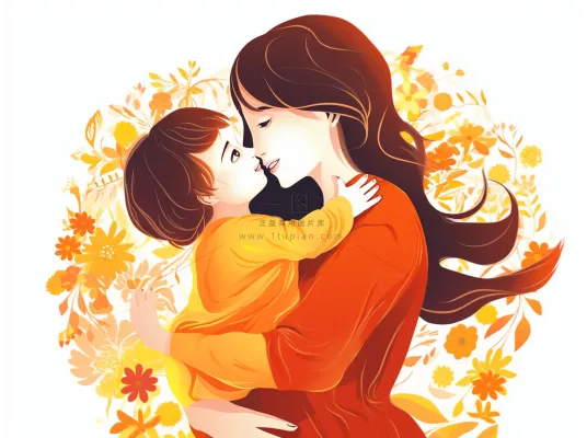 母亲节妈妈拥抱着孩子花海手绘插画素材海报背景