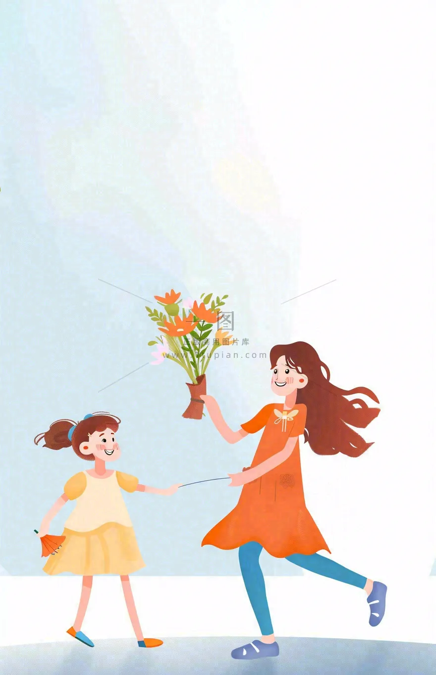 母亲节给妈妈送花的孩子亲情温馨插画背景