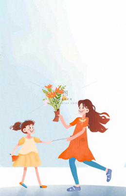 母亲节给妈妈送花的孩子亲情温馨插画背景 母亲节给妈妈送花的孩子亲情温馨插画背景