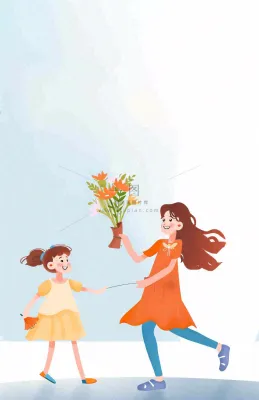 母亲节给妈妈送花的孩子亲情温馨插画背景 母亲节给妈妈送花的孩子亲情温馨插画背景