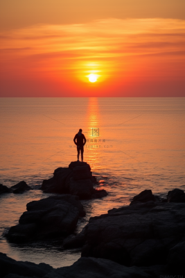 站在礁石上观赏落日的人落日余晖倒影摄影图