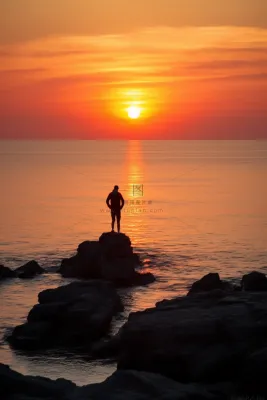 站在礁石上观赏落日的人落日余晖倒影摄影图
