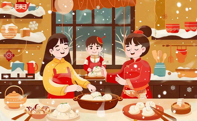 全家福彩色卡通手绘春节除夕初一全家人包饺子包子年夜饭冬至温馨插画背景