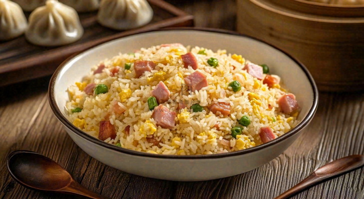火腿肉丁炒饭鸡蛋美食主食摄影图