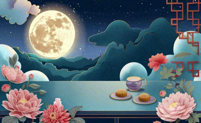 中秋晚宴赏月月饼喝茶牡丹花古风屏风祥云国潮风中国风插画背景