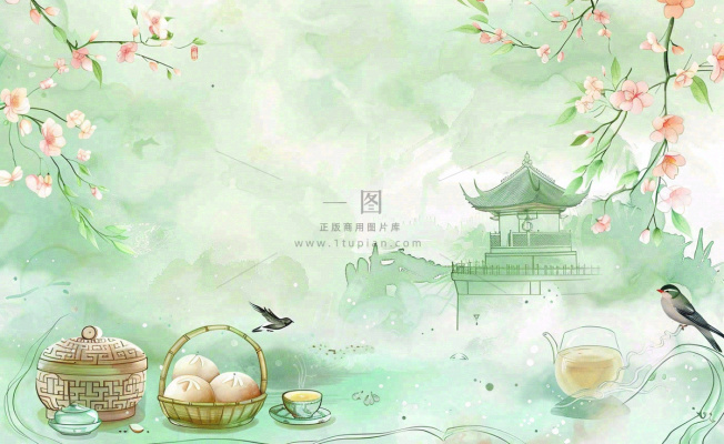 春天桃花春茶茶壶燕子清明山水国画中国风水墨插画背景茶文化采茶
