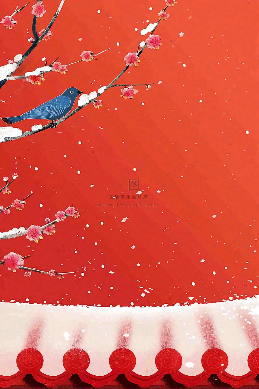 冬天红色宫墙背景梅花树枝小鸟白雪大雪冬至小年新年春节插画背景