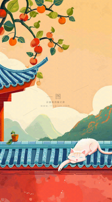 秋天红色宫墙上的白猫柿子树国风插画立秋秋分背景