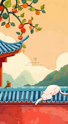 秋天红色宫墙上的白猫柿子树国风插画立秋秋分背景 秋天红色宫墙上的白猫柿子树国风插画立秋秋分背景