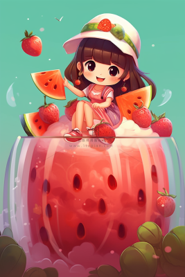 夏日冰西瓜汁刨冰饮料女孩坐着可爱卡通插画背景