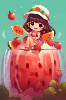 夏日冰西瓜汁刨冰饮料女孩坐着可爱卡通插画背景