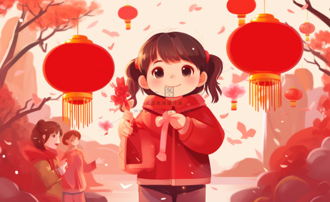 新年张灯结彩孩子们玩乐喜庆红色氛围庆祝卡通插画背景 新年张灯结彩孩子们玩乐喜庆红色氛围庆祝卡通插画背景