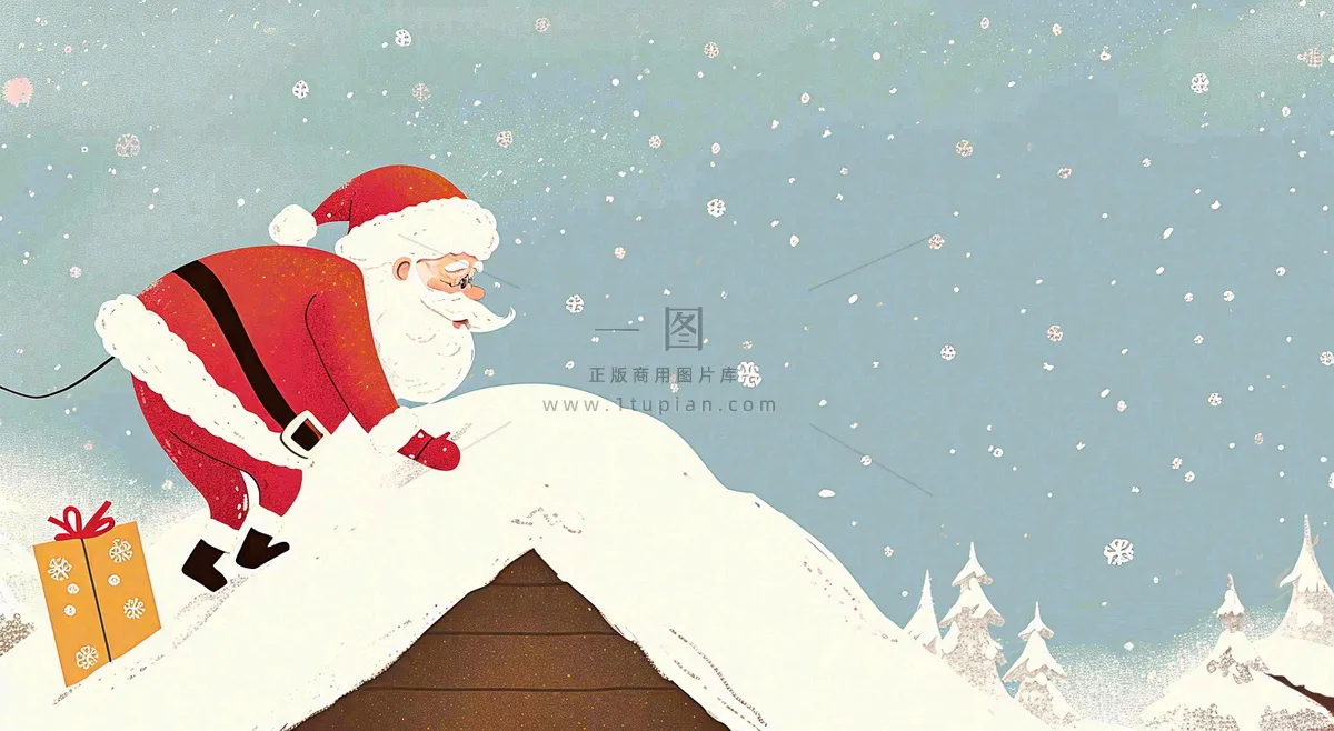 冬天圣诞老人屋顶带礼物，雪花雪屋，圣诞节卡通扁平插画
