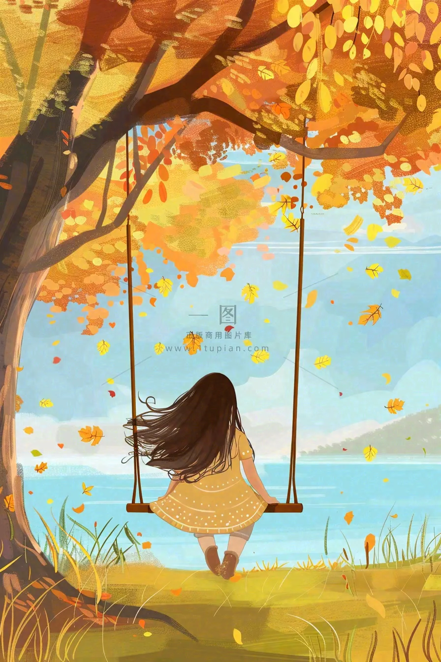 秋天湖泊大树下荡秋千的女孩落叶立秋秋分卡通插画背景