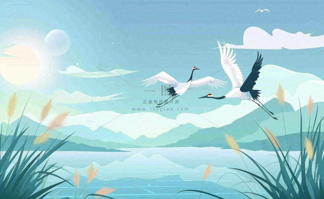 白露芦苇山水飞鹤插画蓝色唯美卡通插画背景