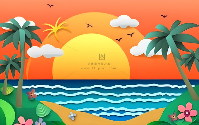 夏日海滩椰子树沙滩椅晚霞背景