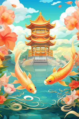 国潮夏天锦鲤唯美风景插画
