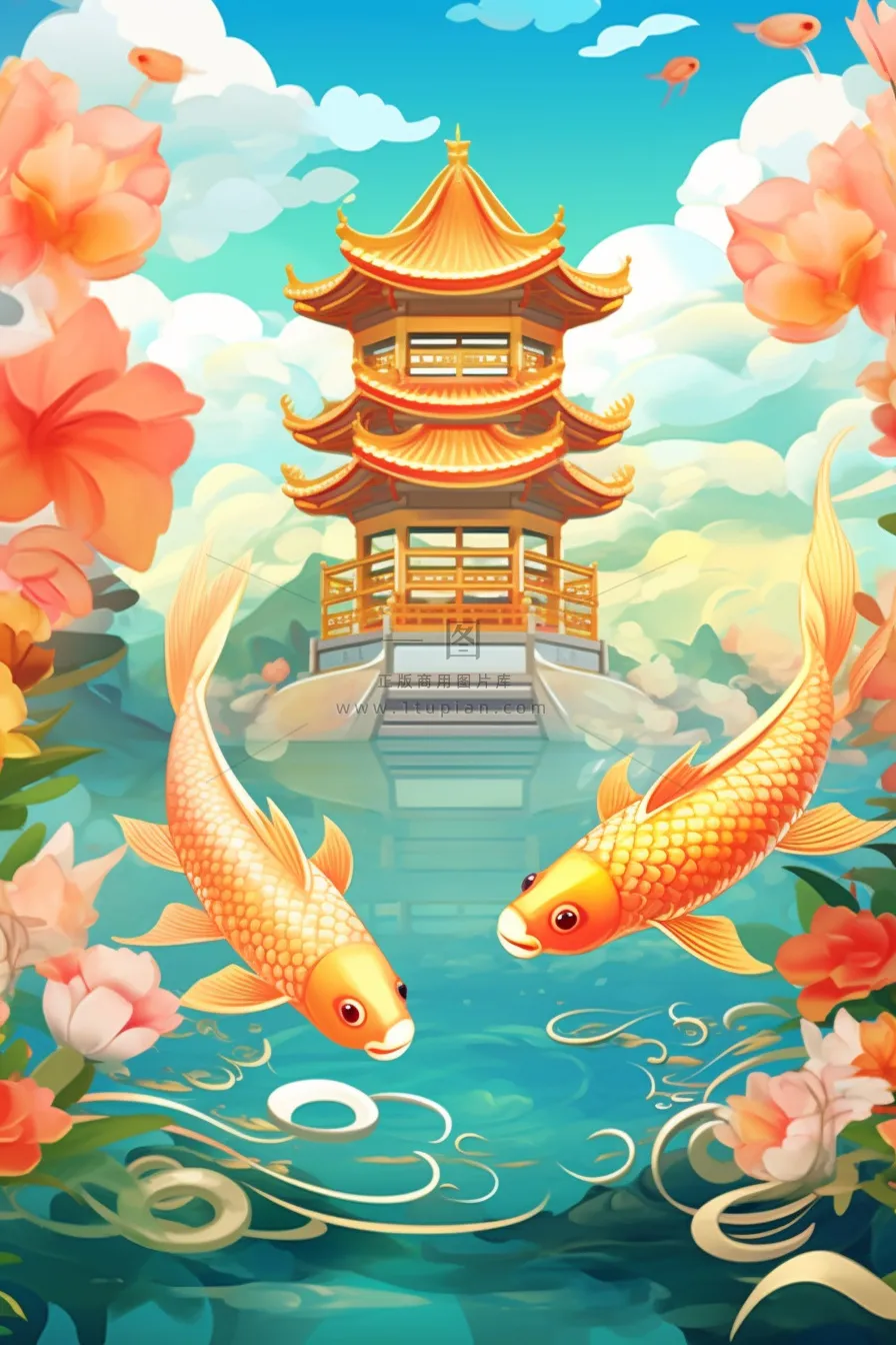 国潮夏天锦鲤唯美风景插画