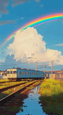 蓝天白云下草地河流高铁火车铁路手绘插画