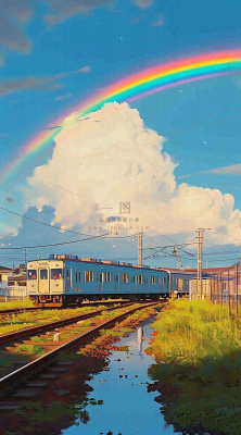 蓝天白云下草地河流高铁火车铁路手绘插画 蓝天白云下草地河流高铁火车铁路手绘插画