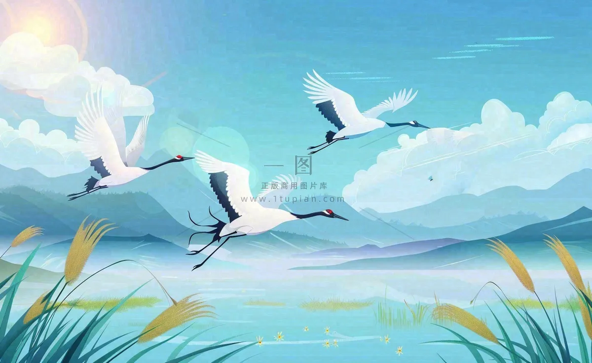 白露芦苇山水飞鹤插画蓝色唯美卡通插画背景