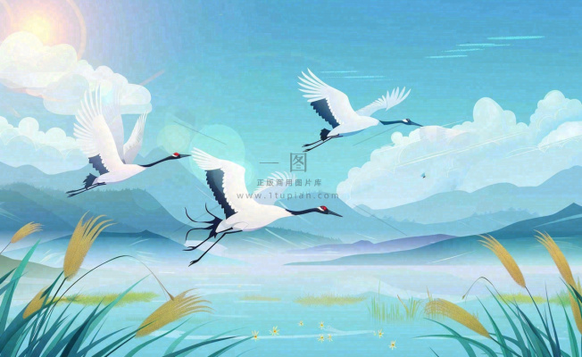 白露芦苇山水飞鹤插画蓝色唯美卡通插画背景 白露芦苇山水飞鹤插画蓝色唯美卡通插画背景