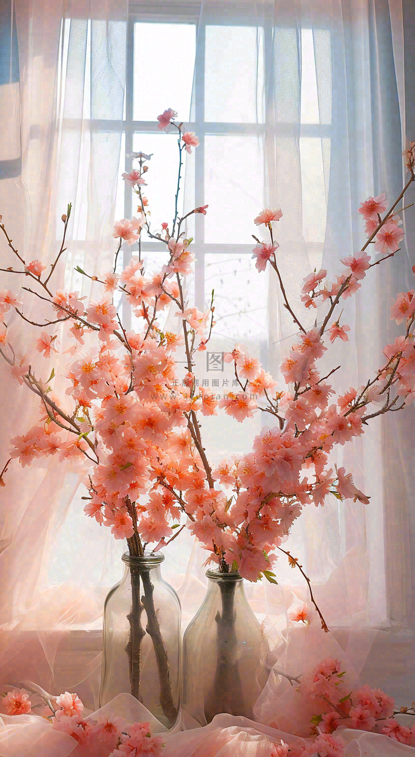 春天窗台花瓶粉色鲜花花束,春分