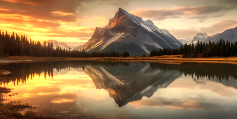 湖泊倒映着远处的山峰湖泊旁边有很多树林摄影图