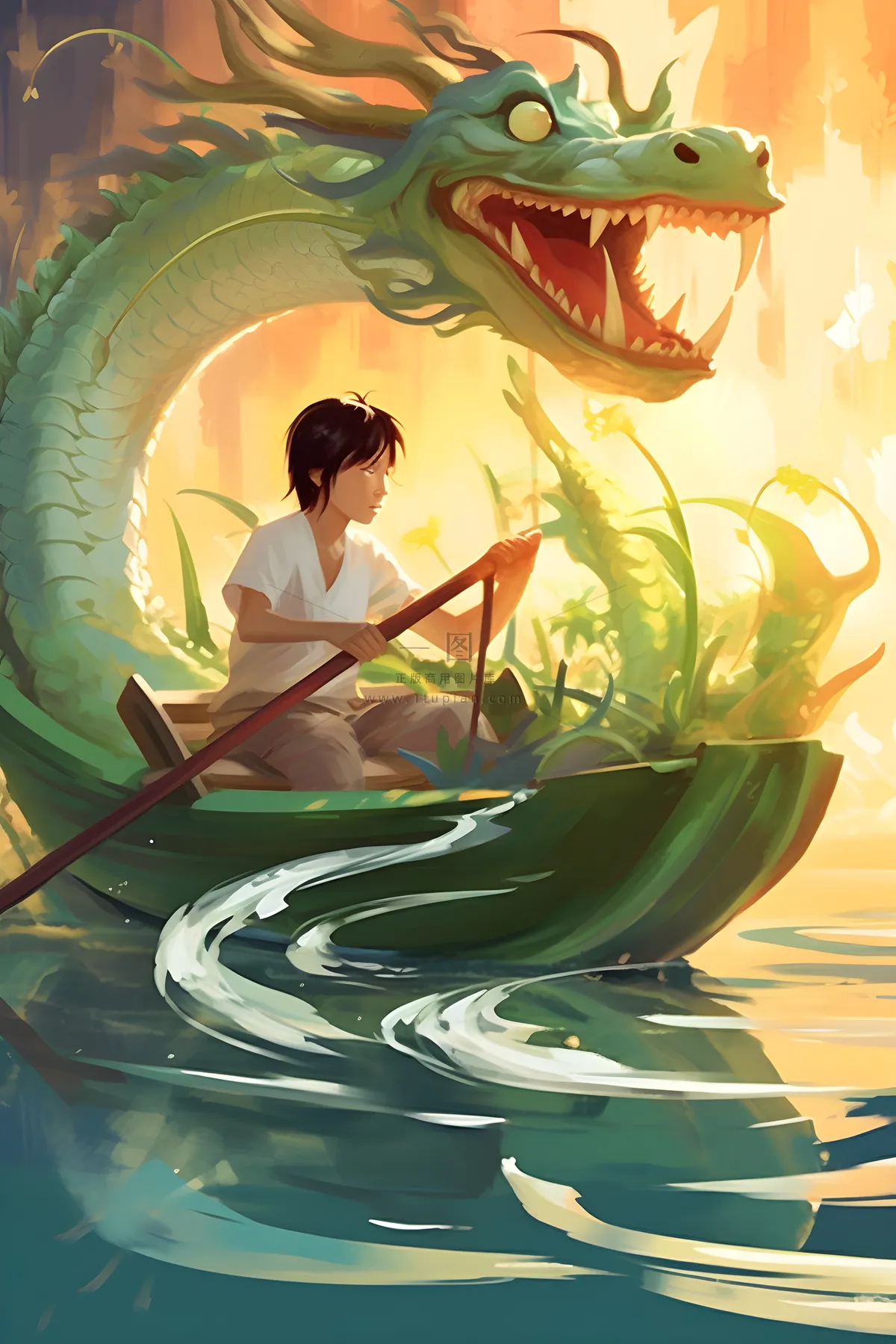 水上划船龙舟水草卡通插画背景