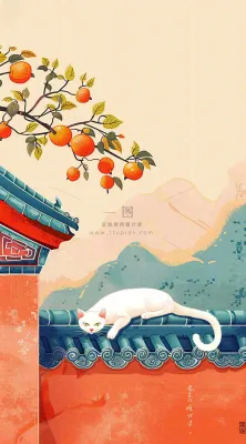 秋天红色宫墙上的白猫柿子树国风插画立秋秋分背景 秋天红色宫墙上的白猫柿子树国风插画立秋秋分背景