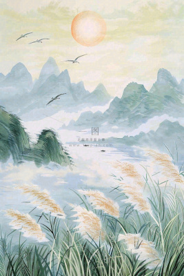 山水水墨芦苇白鹭古风白露寒露处暑插画水彩画背景 山水水墨芦苇白鹭古风白露寒露处暑插画水彩画背景