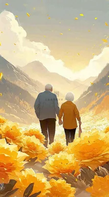 老人相伴到老，菊花黄色花朵，落日山脉