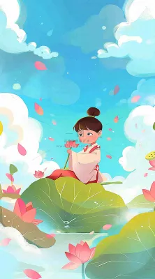 夏日荷花荷叶上的女孩古风人物插画蓝天白云立夏夏至插画背景