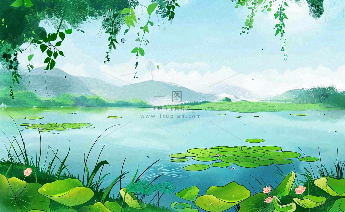 春夏风景湖泊荷花柳树立夏小暑夏至插画背景