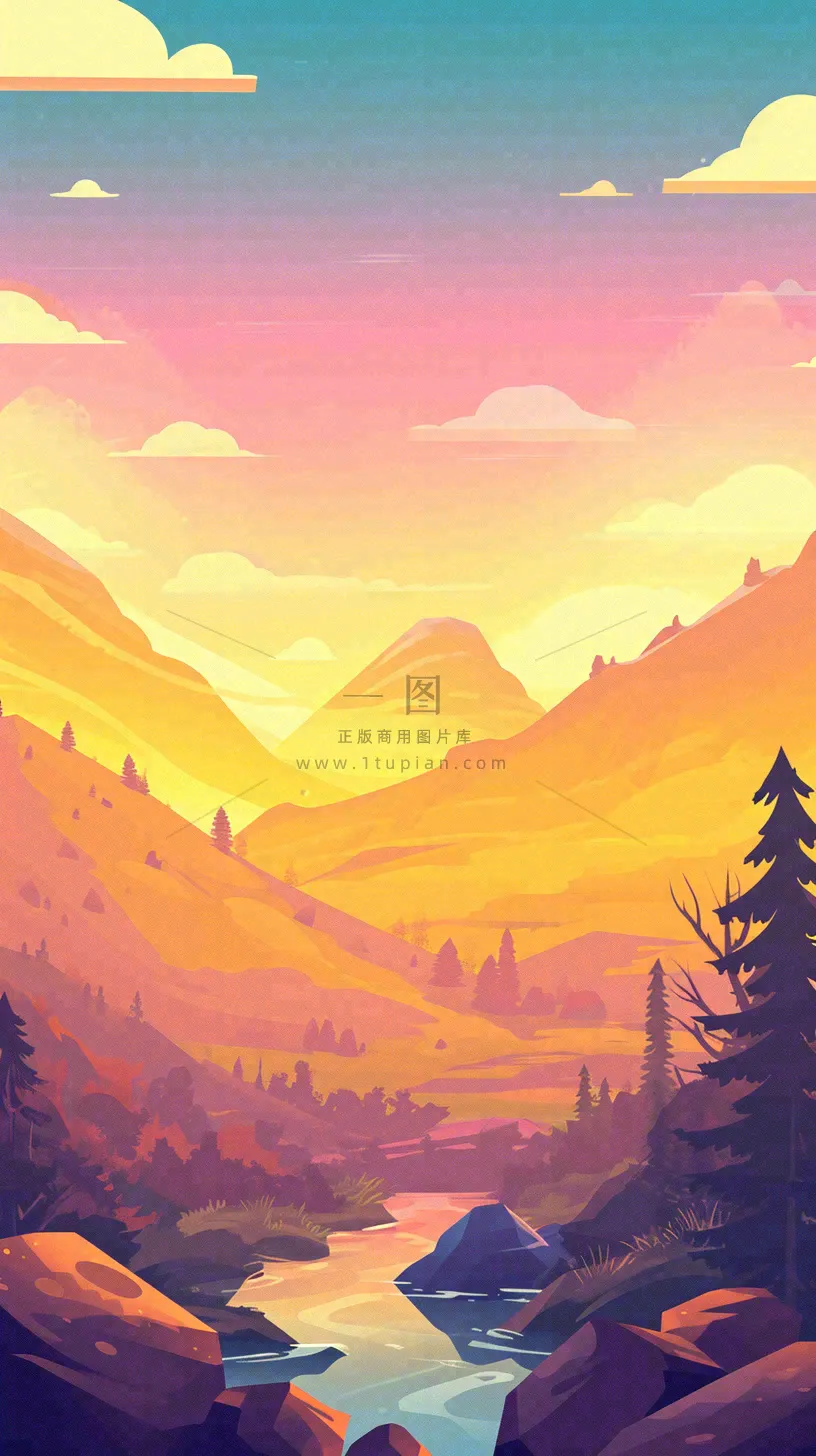 落日山脉河流小溪扁平手绘插画,旅行游玩登山郊游