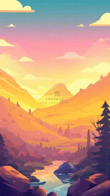 落日山脉河流小溪扁平手绘插画,旅行游玩登山郊游 落日山脉河流小溪扁平手绘插画,旅行游玩登山郊游