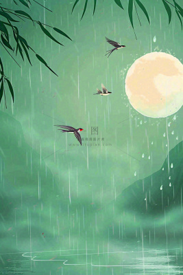 春天雨天夜晚月亮燕子山水画清冷雨水谷雨清明插画 背景 春天雨天夜晚月亮燕子山水画清冷雨水谷雨清明插画 背景