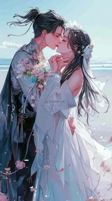 海边阳光沙滩情侣婚纱照爱情甜蜜情人节手绘插画