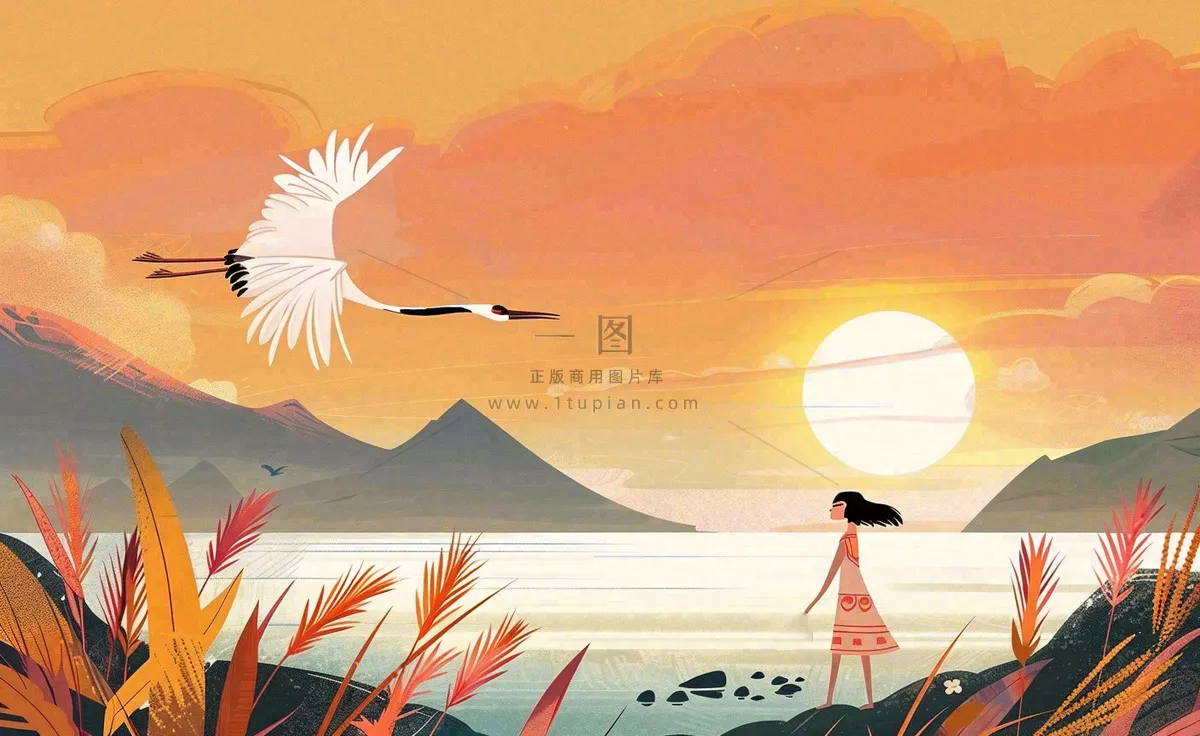 秋天夕阳下山水飞鹤女孩芦苇白露寒露插画背景
