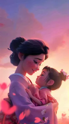 母亲节妈妈亲情抱着孩子鲜花光辉插画背景 母亲节妈妈亲情抱着孩子鲜花光辉插画背景