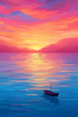 海洋日出日落晚霞夕阳行驶的帆船插画背景