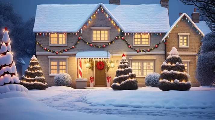冬季圣诞房子装饰灯光白雪覆盖摄影图