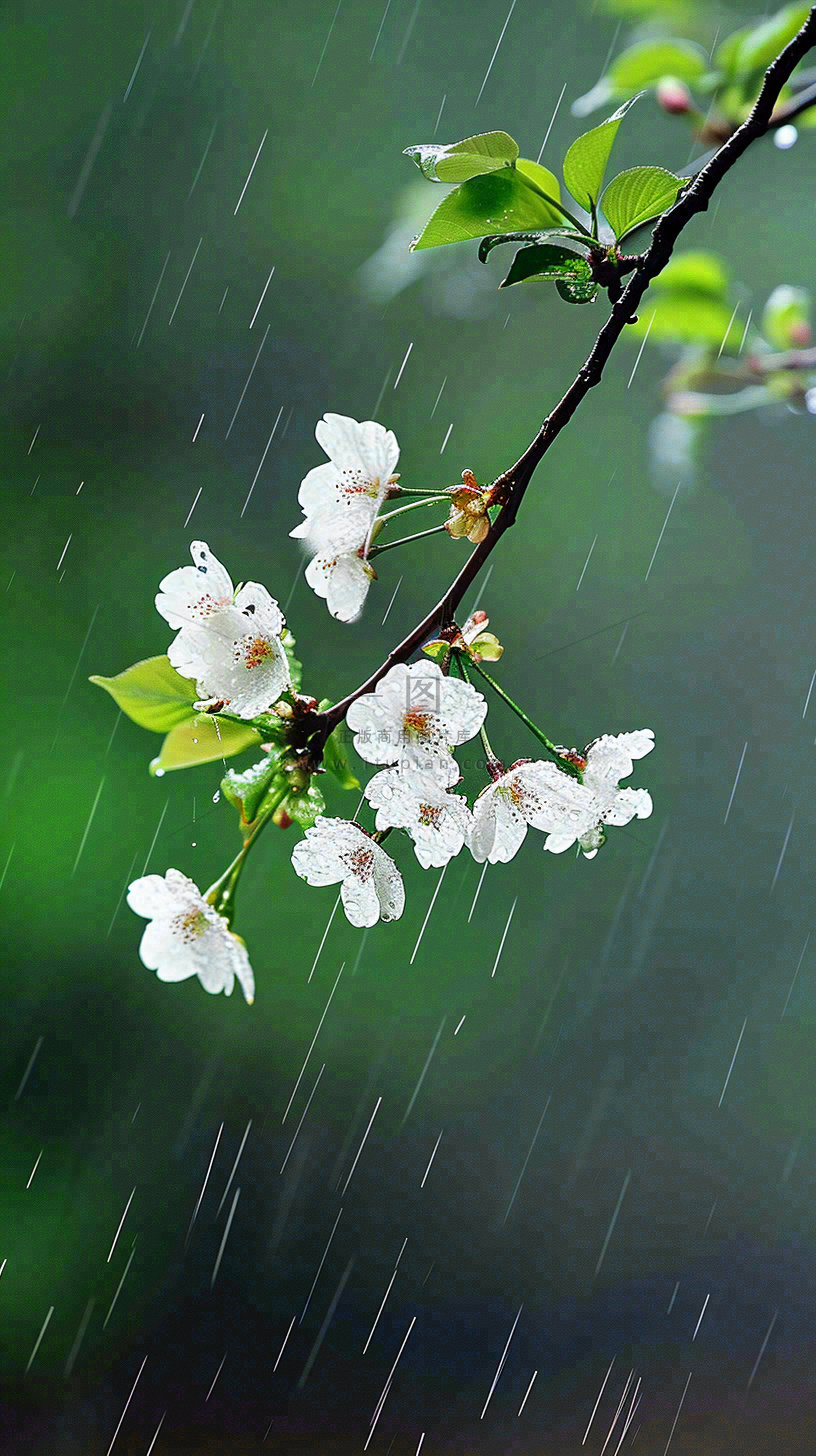 春天白色花朵枝叶在雨中,新鲜绿叶鲜花,雨水谷雨摄影图